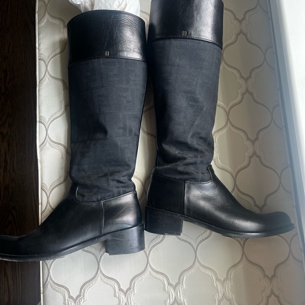 womens fendi monogram nylon black black riding boots